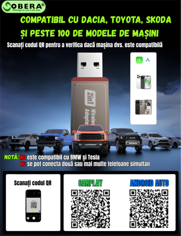 Adaptor Wireless CarPlay & Android Auto goBERA®, Plug & Play, Reconectare automată, Compatibil iPhone & Android, Bluetooth 5.3, Wi-Fi 5G, Control vocal și touch, Suport OEM [7]
