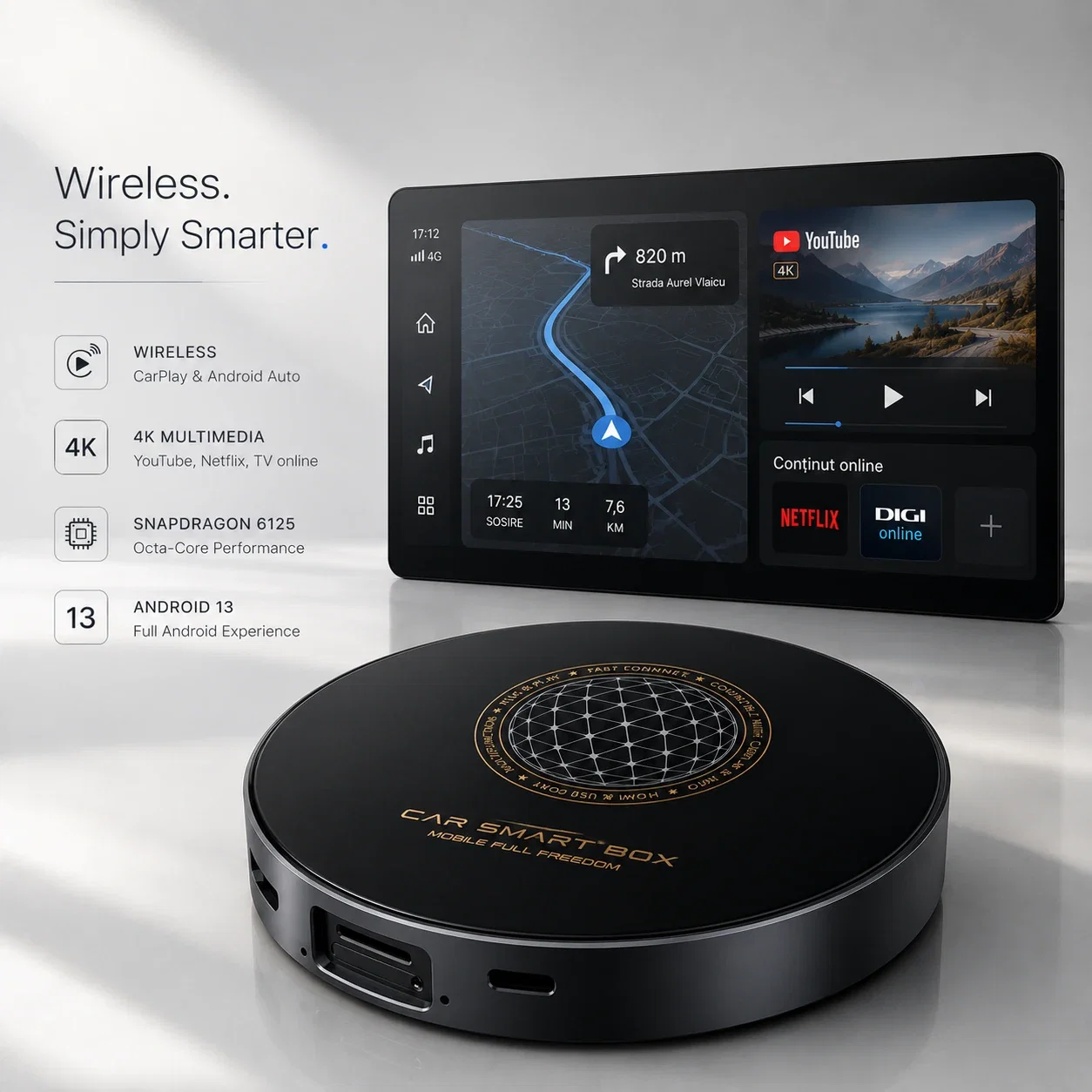Noutati - AI Box Auto goBERA® Android 13, Snapdragon 6125, 4GB RAM + 64GB ROM, Wireless CarPlay & Android Auto, 4G SIM, HDMI 4K, Dual Wi-Fi, Dual Bluetooth