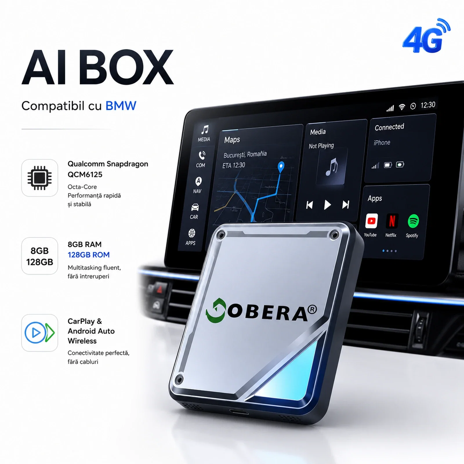 AI Box BMW goBERA® – Android 13 cu Netflix, YouTube, Waze și Google Maps pe ecranul original BMW, Snapdragon QCM6125, 8GB RAM, 128GB