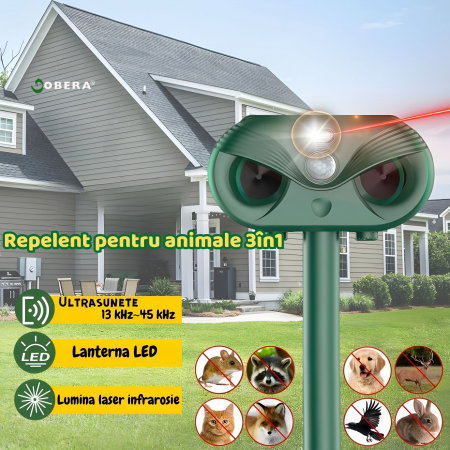 Repelent Solar Ultrasonic 3 in 1, Protectie Impotriva Animalelor, Senzor Infrarosu, Laser LED, Acoperire 120°, Distanta 8–12m, Rezistent la Intemperii, Gradina, Curte, Ferma [1]