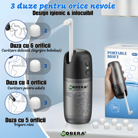 Bidet Portabil Electric goBERA® – Igienă Intimă Premium, 230 ml, 3 Moduri de Pulverizare, 3 Duze, USB-C, IP67, Baterie 1200 mAh, pentru Acasă și Călătorii [2]