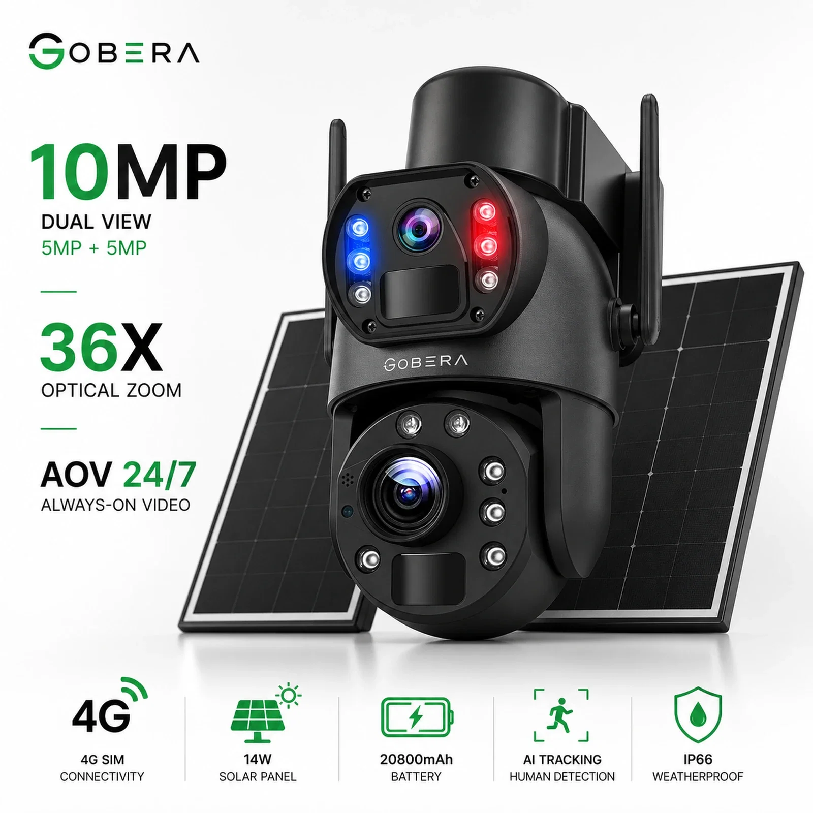 Camere AOV 4G cu Panou Solar - Camera 4G Solară goBERA®, 10MP (5MP + 5MP), Zoom Optic 36X, AOV 24/7, Panou Solar 14W, Baterie 20800mAh, AI Tracking, IP66