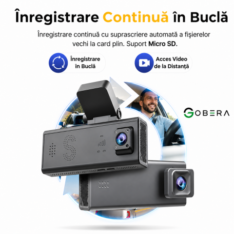 Cameră Auto Duală Față + Spate goBERA®, 3MP, Night Vision, Mod Parcare 24/7, G-Sensor, Acces din Telefon, MicroSD & Cloud [6]