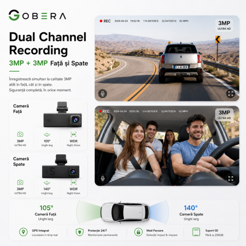 Cameră Auto Duală Față + Spate goBERA®, 3MP, Night Vision, Mod Parcare 24/7, G-Sensor, Acces din Telefon, MicroSD & Cloud [4]