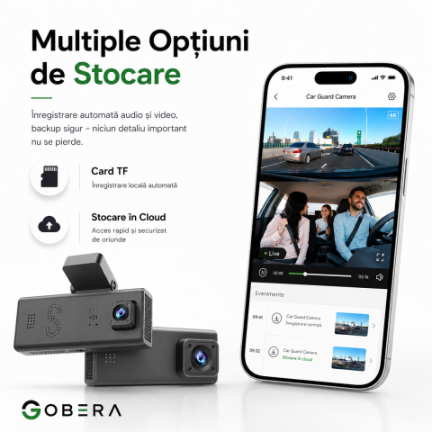 Cameră Auto Duală Față + Spate goBERA®, 3MP, Night Vision, Mod Parcare 24/7, G-Sensor, Acces din Telefon, MicroSD & Cloud [7]