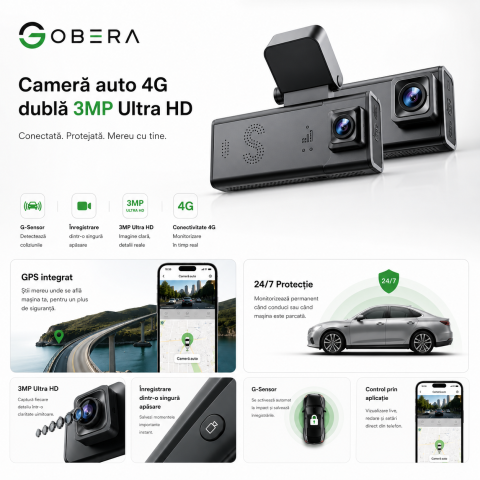 Cameră Auto Duală Față + Spate goBERA®, 3MP, Night Vision, Mod Parcare 24/7, G-Sensor, Acces din Telefon, MicroSD & Cloud [1]
