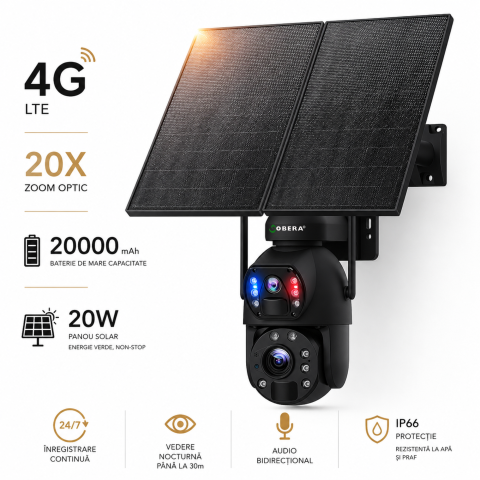 Smart Security - Camera Supraveghere Solara 4G 24/7 goBERA®, Dual Lens 3MP+3MP, Zoom Optic 20X, Panou Solar 20W, Baterie 20000mAh, Detectie Umana PIR, Audio Bidirectional, IP66
