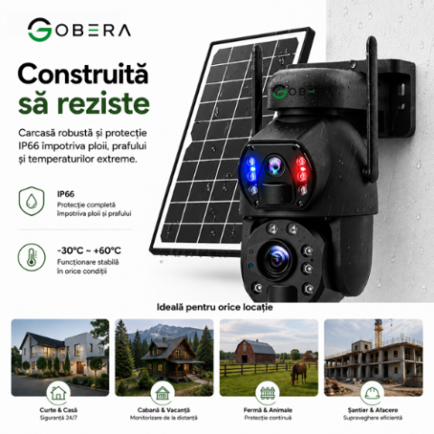 Camera de supraveghere 4G goBERA® cu Cartela SIM, Panou Solar 6W, Zoom Optic 20X, Lentile Duale, Auto Tracking, PTZ 355°, 6MP (3MP+3MP), Baterie 12000 mAh [6]