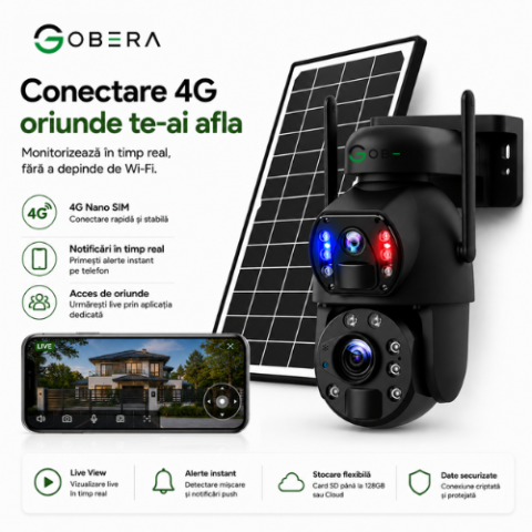 Camera de supraveghere 4G goBERA® cu Cartela SIM, Panou Solar 6W, Zoom Optic 20X, Lentile Duale, Auto Tracking, PTZ 355°, 6MP (3MP+3MP), Baterie 12000 mAh [5]