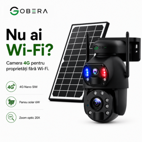 Camera de supraveghere 4G goBERA® cu Cartela SIM, Panou Solar 6W, Zoom Optic 20X, Lentile Duale, Auto Tracking, PTZ 355°, 6MP (3MP+3MP), Baterie 12000 mAh [1]