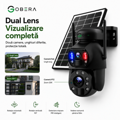 Camera de supraveghere 4G goBERA® cu Cartela SIM, Panou Solar 6W, Zoom Optic 20X, Lentile Duale, Auto Tracking, PTZ 355°, 6MP (3MP+3MP), Baterie 12000 mAh [4]