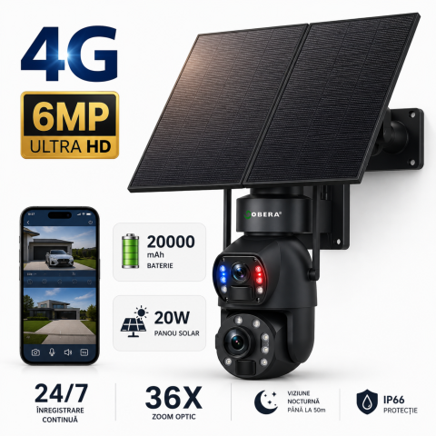 Camera de Supraveghere 24/7 goBERA®, 4G, Panou Solar 20W, Zoom Optic 36X, Baterie 20000mAh, PTZ Bullet 3MP+3MP, Detectare Umanoidă AI, Vedere Nocturnă 50m