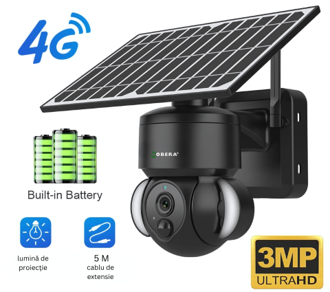 Camera de supraveghere goBERA®,3MP, Conexiune 4G, Acumulator incorporat 12000 mah, Panou solar de 5 W, Micro SD, Full Color Night Vision, Functie PIR cu unghi de detectare 120°, Unghi PTZ, Comunicare [6]