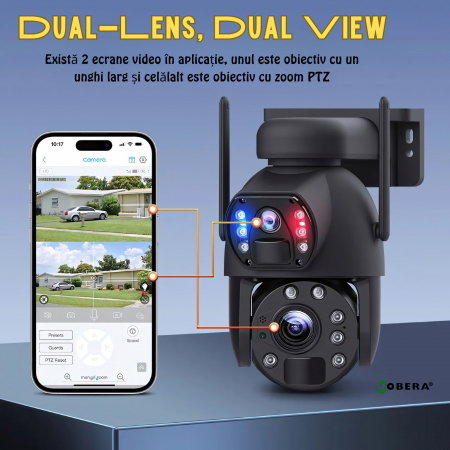 Camera de supraveghere 4G goBERA® cu Cartela SIM, Panou Solar 6W, Zoom Optic 20X, Lentile Duale, Auto Tracking, PTZ 355°, 6MP (3MP+3MP), Baterie 12000 mAh [17]