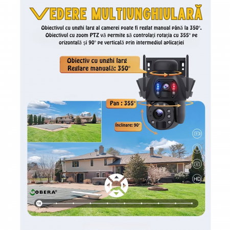 Camera de supraveghere 4G goBERA® cu Cartela SIM, Panou Solar 6W, Zoom Optic 20X, Lentile Duale, Auto Tracking, PTZ 355°, 6MP (3MP+3MP), Baterie 12000 mAh [14]