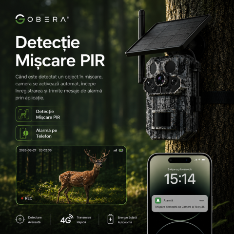 Camera de Vânătoare 4G Solară goBERA®, 3MP Super HD, GPS, Detectare PIR Triplă 25m, Panou Solar 6W, Baterie 7800mAh [6]