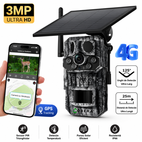 Camere 4G de vanatoare cu panou solar - Camera de Vânătoare 4G Solară goBERA®, 3MP Super HD, GPS, Detectare PIR Triplă 25m, Panou Solar 6W, Baterie 7800mAh