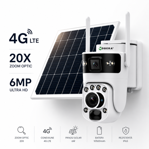 Smart Security Week – Camere 4G și solare - Camera de Supraveghere Solară 6MP goBERA®, 4G SIM, Zoom Optic 20X, Dual Lens, PTZ 355°/90°, Panou Solar 6W, Baterie 10500mAh, Viziune Nocturnă Color, Audio Bidirecțional, Tracking Uman, IP66