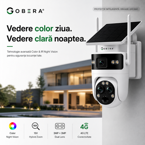 Camera de Supraveghere Solara cu 3 Lentile goBERA®️, Zoom Hibrid 15X, 4G, Panou Solar 5W, Baterie 7800mAh, IR + LED, Viziune Nocturna Color, PTZ 350°/90°, Detectare Umana si Tracking AI [11]