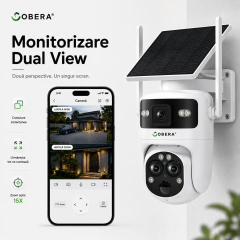 Camera de Supraveghere Solara cu 3 Lentile goBERA®️, Zoom Hibrid 15X, 4G, Panou Solar 5W, Baterie 7800mAh, IR + LED, Viziune Nocturna Color, PTZ 350°/90°, Detectare Umana si Tracking AI [5]