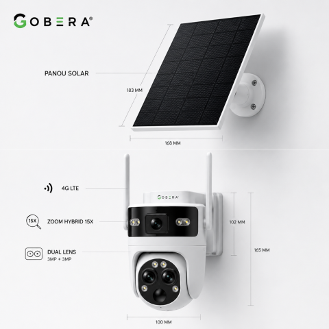 Camera de Supraveghere Solara cu 3 Lentile goBERA®️, Zoom Hibrid 15X, 4G, Panou Solar 5W, Baterie 7800mAh, IR + LED, Viziune Nocturna Color, PTZ 350°/90°, Detectare Umana si Tracking AI [12]