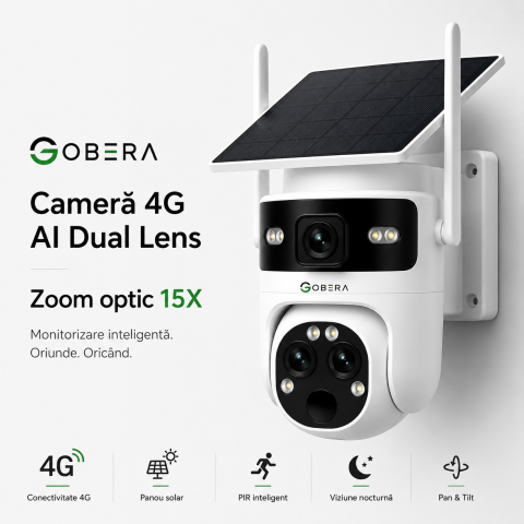 Smart Security Week – Camere 4G și solare - Camera de Supraveghere Solara cu 3 Lentile goBERA®️, Zoom Hibrid 15X, 4G, Panou Solar 5W, Baterie 7800mAh, IR + LED, Viziune Nocturna Color, PTZ 350°/90°, Detectare Umana si Tracking AI