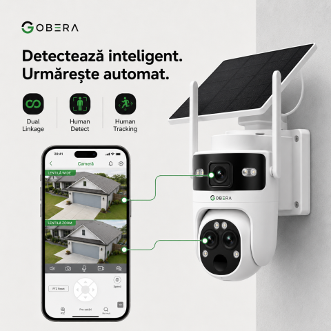 Camera de Supraveghere Solara cu 3 Lentile goBERA®️, Zoom Hibrid 15X, 4G, Panou Solar 5W, Baterie 7800mAh, IR + LED, Viziune Nocturna Color, PTZ 350°/90°, Detectare Umana si Tracking AI [4]
