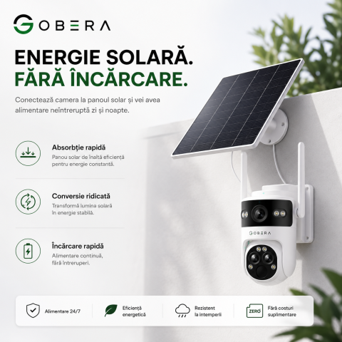 Camera de Supraveghere Solara cu 3 Lentile goBERA®️, Zoom Hibrid 15X, 4G, Panou Solar 5W, Baterie 7800mAh, IR + LED, Viziune Nocturna Color, PTZ 350°/90°, Detectare Umana si Tracking AI [8]