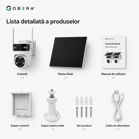 Camera de Supraveghere Solara cu 3 Lentile goBERA®️, Zoom Hibrid 15X, 4G, Panou Solar 5W, Baterie 7800mAh, IR + LED, Viziune Nocturna Color, PTZ 350°/90°, Detectare Umana si Tracking AI [14]