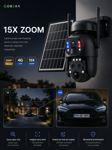Camera Solară 4G goBERA® cu 3 Lentile, Zoom Hibrid 15X, PTZ, AI, Panou Solar 6W, Baterie 12000mAh [13]