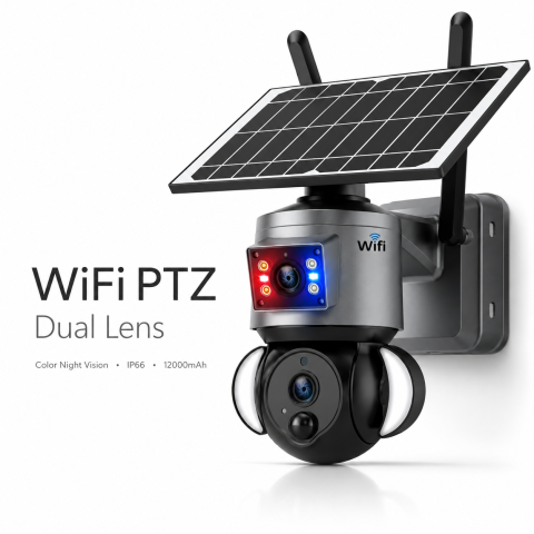 Smart Security Week – Camere 4G și solare - Camera de supraveghere solara goBERA® 3MP + 3MP, lentile duale, PTZ 355°, panou solar 6W, WiFi, IP66, night vision color