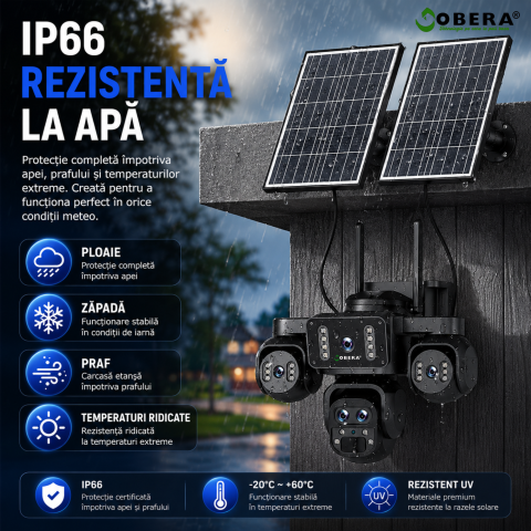 Camera Supraveghere 4G Solara goBERA® 5 Lentile, 4 Canale Simultan, PTZ, Zoom 10X, Detectie Umana AI, Baterie 20100mAh, Night Vision Color, IP66, SIM, Fara WiFi, Audio Bidirectional [13]