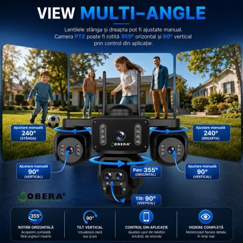 Camera Supraveghere 4G Solara goBERA® 5 Lentile, 4 Canale Simultan, PTZ, Zoom 10X, Detectie Umana AI, Baterie 20100mAh, Night Vision Color, IP66, SIM, Fara WiFi, Audio Bidirectional [14]