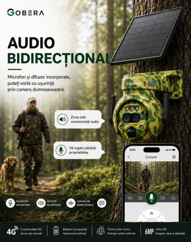 Cameră Supraveghere 4G Solară goBERA® Smart Security, 6MP, PTZ Camuflaj, Zoom Optic 12X, Detectare PIR, Audio Bidirecțional, pentru Curți, Cabane, Ferme și Terenuri, IP65 [4]