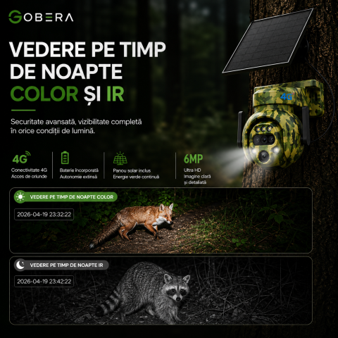 Cameră Supraveghere 4G Solară goBERA® Smart Security, 6MP, PTZ Camuflaj, Zoom Optic 12X, Detectare PIR, Audio Bidirecțional, pentru Curți, Cabane, Ferme și Terenuri, IP65 [5]