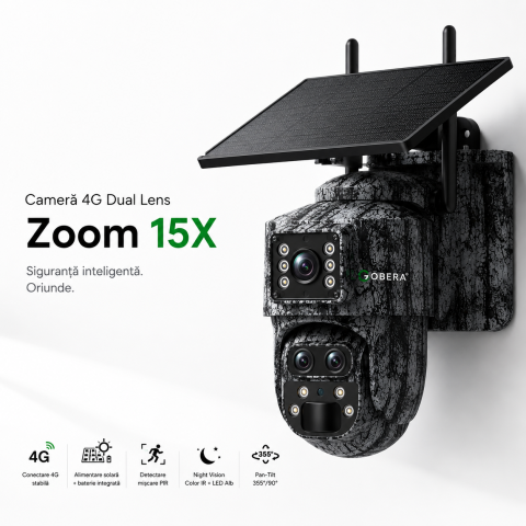 Oferte Speciale - Cameră Supraveghere 4G Solară goBERA® Smart Security, 6MP, Zoom Optic 15X, PTZ, Detectare PIR, Audio Bidirecțional, Control din Telefon, pentru Ferme, Cabane și Terenuri, IP65