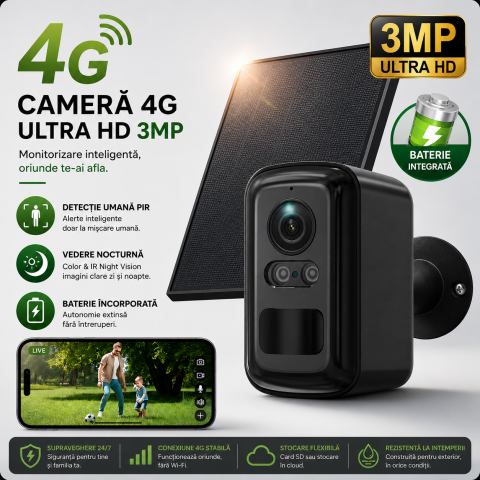 Cameră Supraveghere Solară 4G goBERA®, Compactă, PIR + Human Detection, Night Vision Color, Audio Bidirecțional, SIM, Baterie 5200mAh, IP66 [4]