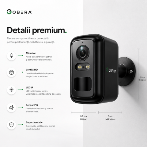 Cameră Supraveghere Solară 4G goBERA®, Compactă, PIR + Human Detection, Night Vision Color, Audio Bidirecțional, SIM, Baterie 5200mAh, IP66 [11]