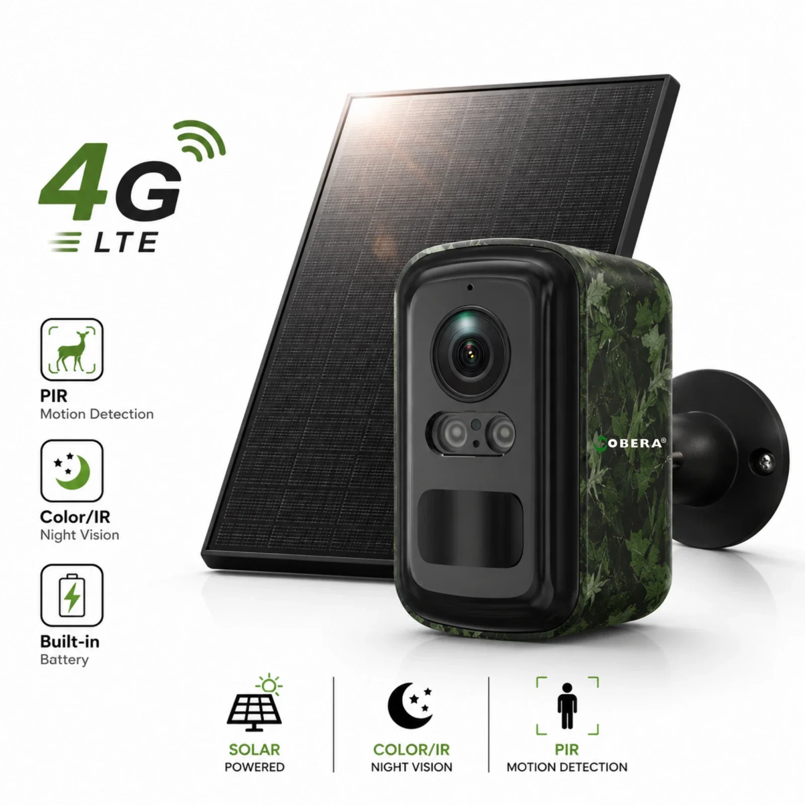 Camere 4G de vanatoare cu panou solar - Camera Supraveghere Solara Wireless, Detectare Umana PIR, 3W Panou Solar, Baterie 5200mAh, 4G, Vedere Noapte Color, IP66,Neagra