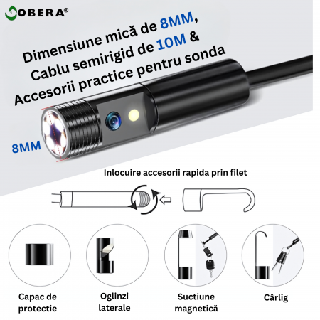 Endoscop industrial goBERA® cu lentilă dublă, cameră de inspecție digitală 1080P, ecran LCD 4.3”, cablu semirigid 10 m, 6 LED-uri, baterie 2600 mAh, IP67 [2]
