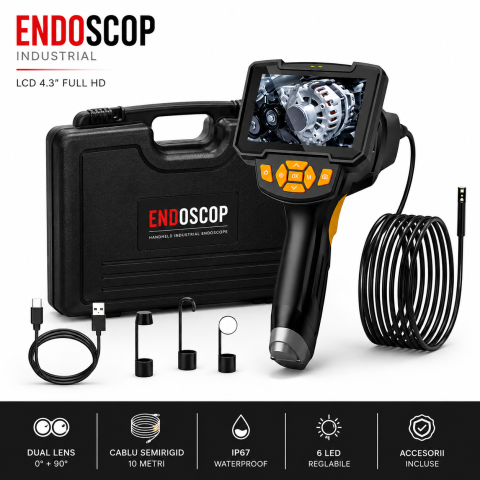 Echipamente pentru atelier - Endoscop industrial goBERA® cu lentilă dublă, cameră de inspecție digitală 1080P, ecran LCD 4.3”, cablu semirigid 10 m, 6 LED-uri, baterie 2600 mAh, IP67
