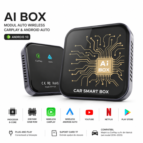 AI Box Auto goBERA® Android 10, 2GB RAM + 32GB, Wireless CarPlay & Android Auto, YouTube, Netflix, Play Store, Card TF, Plug & Play, pentru Mașini cu CarPlay cu Fir [0]