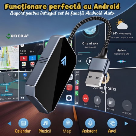 Modul Android Auto Wireless goBERA®, Pentru masini cu Android Auto de fabrica prin cablu, Adaptor Android Auto, WiFi 5Ghz, Bluetooth 5.3, Procesor AI, Compatibil cu Android 11+, Conectare Automata [1]
