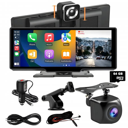 Navigatii AUTO - Navigație Auto Universală 10.26" cu CarPlay și Android Auto Wireless, Cameră Față 4K și Spate 1080P