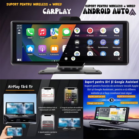 Navigație Auto Universală 10.26" cu CarPlay și Android Auto Wireless, Cameră Față 4K și Spate 1080P [1]