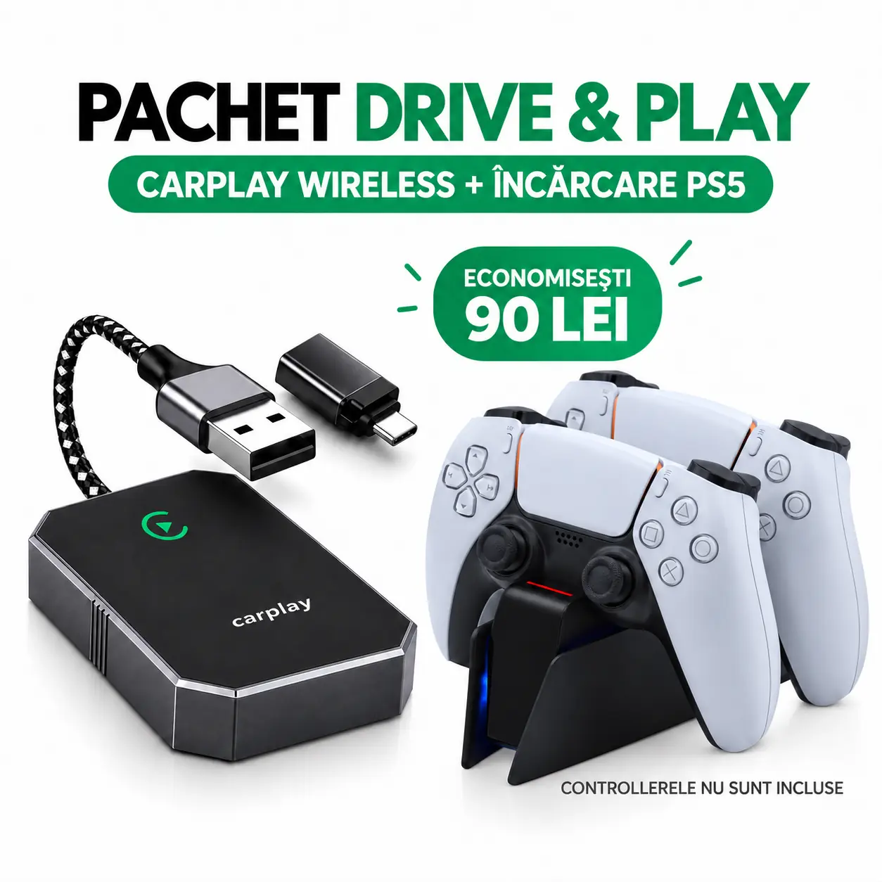 Pachete goBERA® - Pachet Drive & Play goBERA adaptor Wireless Apple CarPlay și stație încărcare PS5