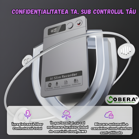 Recorder AI goBERA® – Reportofon Digital Inteligent, 64GB, Transcriere & Rezumat AI, Microfoane Duale, 30h Înregistrare, Standby 166 Zile, Portabil, Cloud Securizat [1]