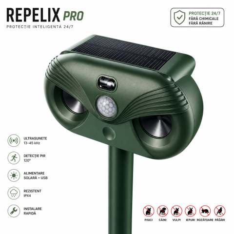 Articole antidaunatori gradina - Repelent Solar Ultrasonic 3 in 1, Protectie Impotriva Animalelor, Senzor Infrarosu, Laser LED, Acoperire 120°, Distanta 8–12m, Rezistent la Intemperii, Gradina, Curte, Ferma