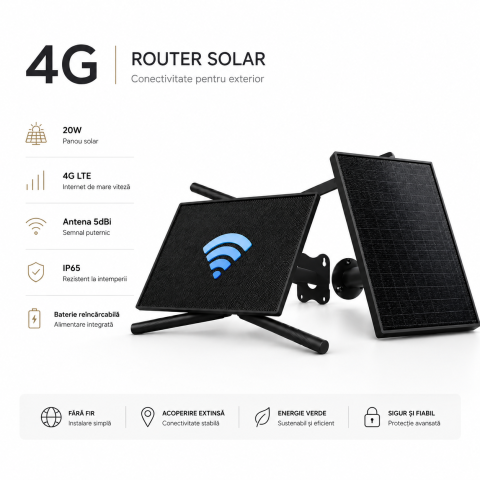 Oferte Speciale - Router Portabil 4G LTE goBERA® cu Panou Solar 20W, Baterie 20100mAh, Wi-Fi 2.4GHz, Micro SIM, Antene Duale 5dBi, Conectare până la 10 Dispozitive