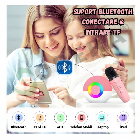 Mini Karaoke goBERA® pentru Copii și Familie, Difuzor Bluetooth cu 2 Microfoane Wireless, Lumini LED, Efecte Voce, Autonomie 4–6h [5]